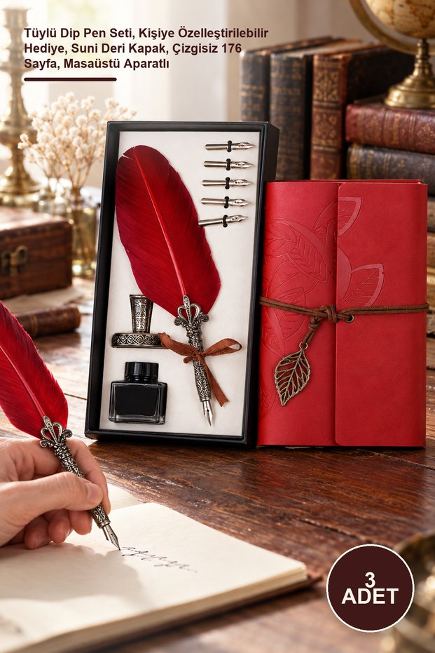 3 Inked Dip Pens and Leather Notebook – Feather Dip Pen Set, Personalizable Gift, Faux Leather Cover, Unlined 176 Pages, Desktop Stand Included