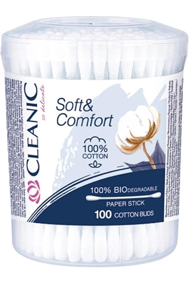 Soft & Comfort Cotton Buds 100 Pieces with Round Box | 100% Pure Cotton Tips | Biodegradable | Sturdy Paper Wand | Soft & Absorbent | for Ear Care, Makeup, Baby Care & Daily Hygiene