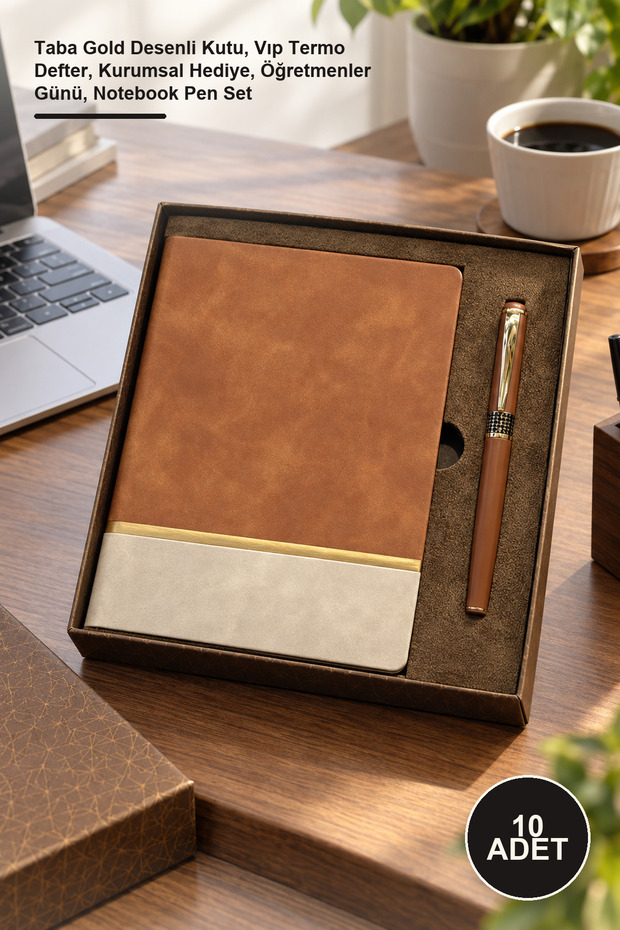 10 Pieces Soft Leather Notebook and Metal Roller Pen Set – Tan Gold Patterned Box, Vip Thermo Notebook, Corporate Gift, Teachers' Day, Notebook Pen Set