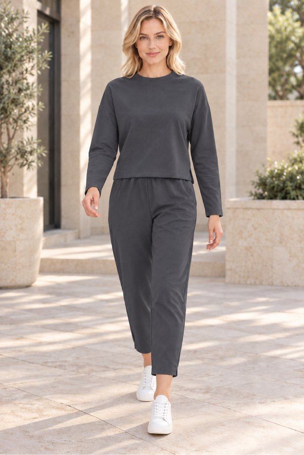 Women's Round Neck Textured Off-Shoulder Sweatshirt and Ankle-Length Pants Set with Elastic Waist, Lycra, Flexible Pockets, Sporty Stylish Two-Piece Combination Anthracite
