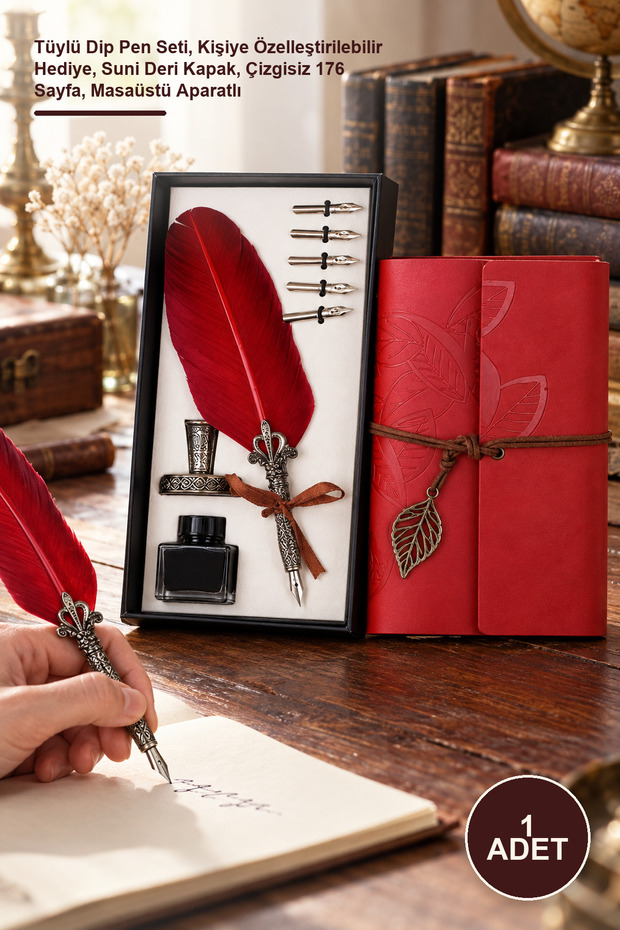 1 Ink-Filled Dip Pen and Leather Notebook – Feather Dip Pen Set, Personalizable Gift, Faux Leather Cover, Unlined 176 Pages, Desktop Stand Included