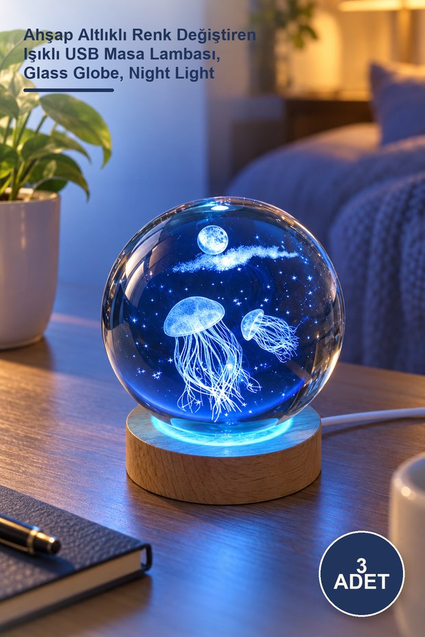 3 Pieces of Jellyfish Glass Globe - Color Changing Illuminated USB Table Lamp with Wooden Base, Glass Globe, Night Light