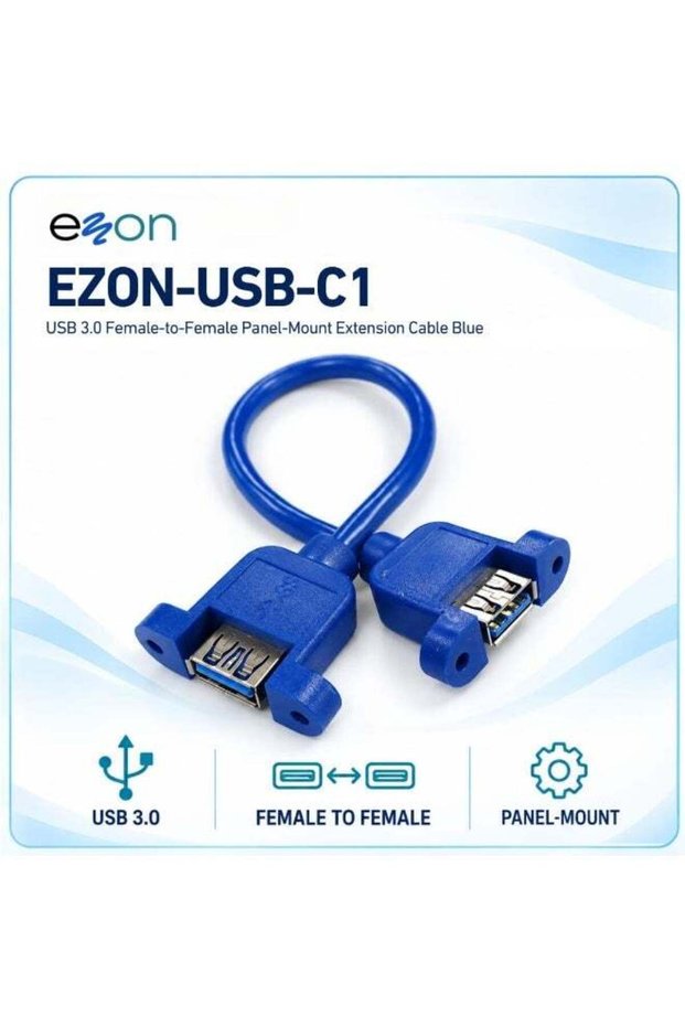 USB 3.0 Female-to-Female Panel-Mount Extension Cable - Blue, Screw-Mount Coupler for Enclosures & Equipment Panels