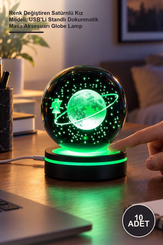 10 Pieces Rotating Glass Globe – Color-Changing Saturn Girl Model, Touch Table Accessory Globe Lamp with USB Stand