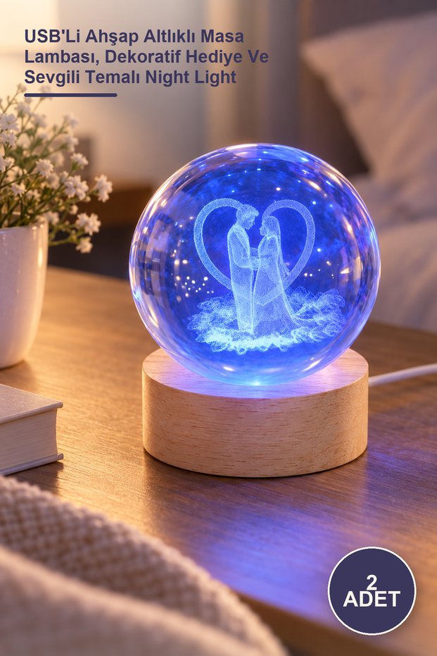 2 Lighted Glass Globes – Table Lamp with Wooden Base and Usb, Decorative Gift and Lover-Themed Night Light