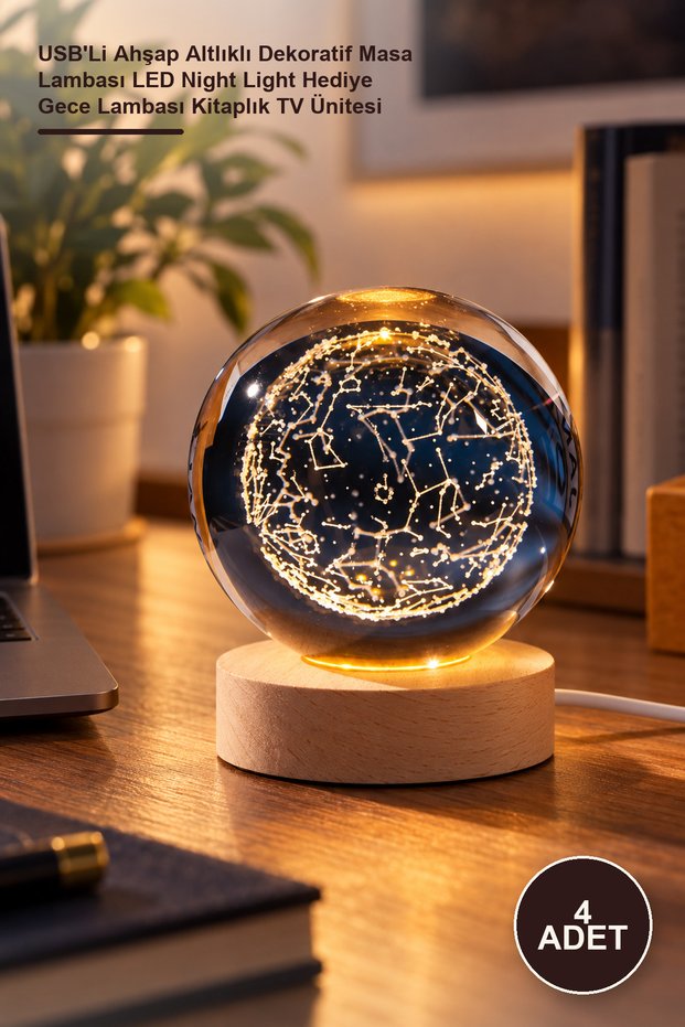 4 Pieces of Illuminated Glass Globes – Decorative Table Lamp with USB and Wooden Base Led Night Light Gift Night Light Bookshelf Tv Unit