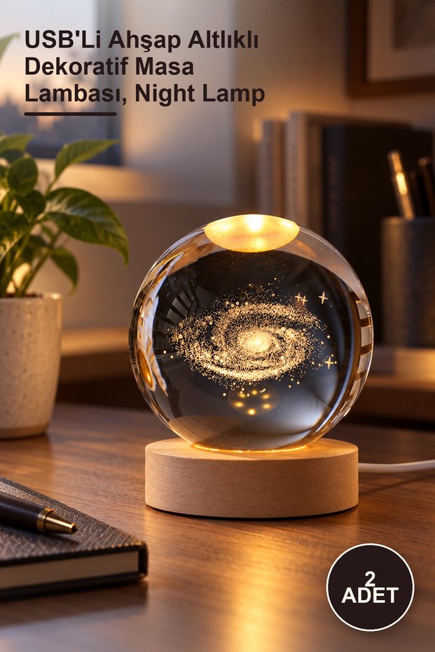 2 Pieces of Dust Cloud Design Glass Globe Night Light – Decorative Table Lamp with USB and Wooden Base, Night Lamp