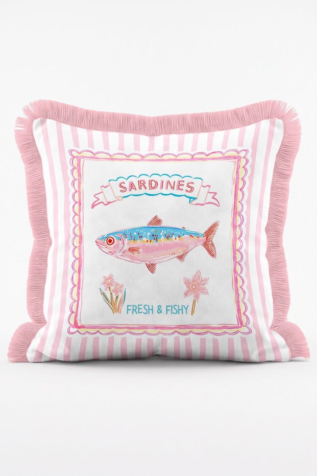 Sardinia Chic Sardine Patterned Pink Striped Decorative Throw Pillow Cover with Tassels