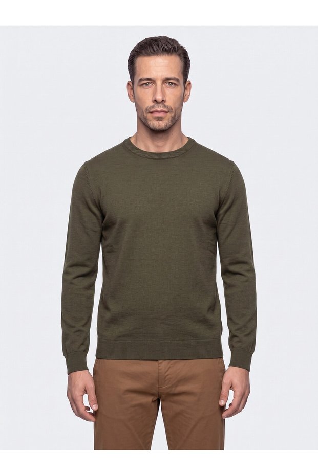 Khaki Crew Neck Men's Knitwear Sweater