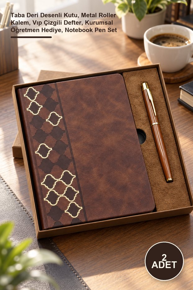 2-piece notebook and pen set – tan leather-textured box, metal rollerball pen, vip striped notebook, corporate teacher gift, notebook pen set