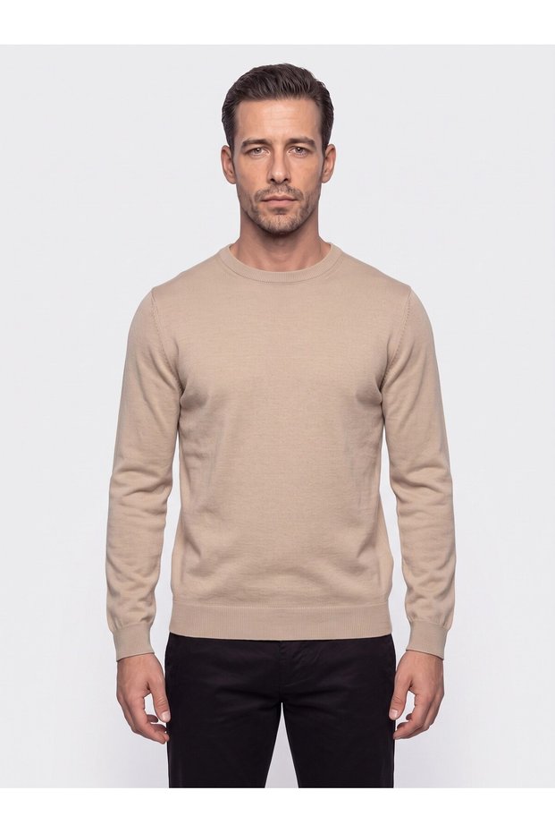 Beige Crew Neck Men's Knitwear Sweater