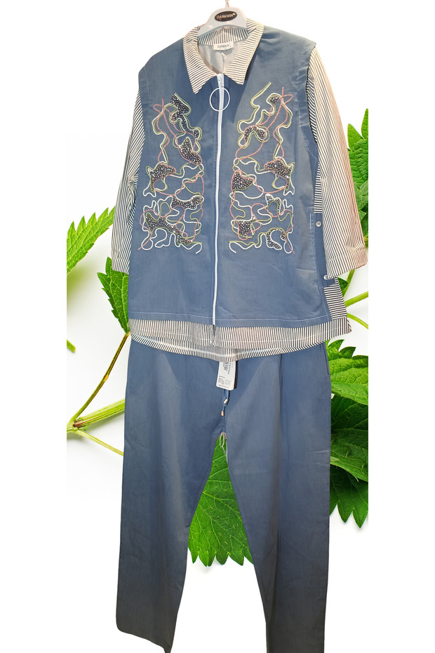 Women's XXXL Blue Striped Garni Detailed Embroidered Zippered Jacket Denim Textured Double Set