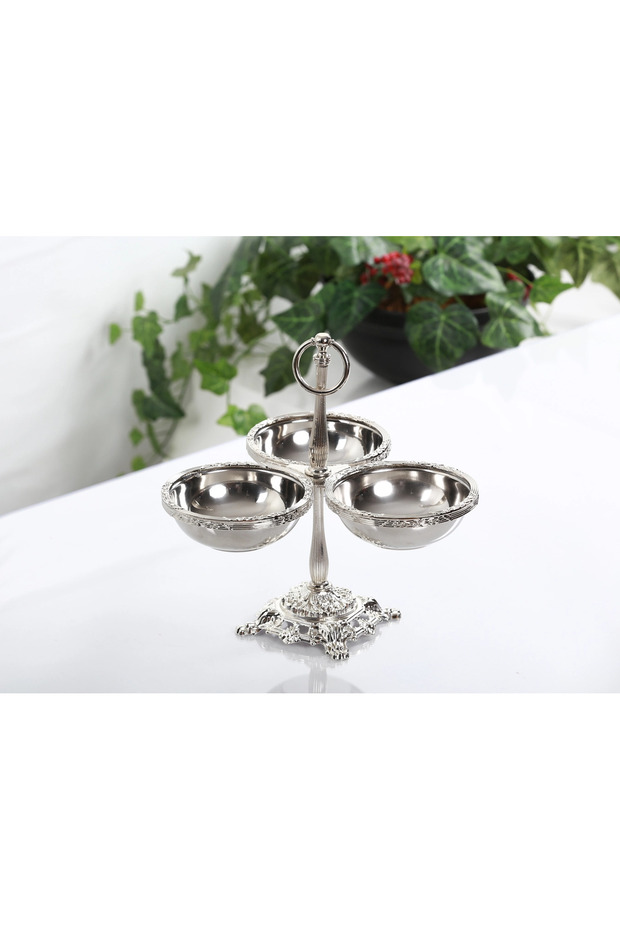 Three-Compartment Metal Footed Snack Bowl Silver