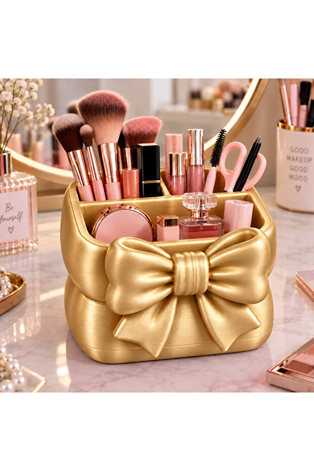 Bowknot Makeup Organizer with 3 Compartments – Cosmetic, Jewelry, and Accessory Organizer - Gold