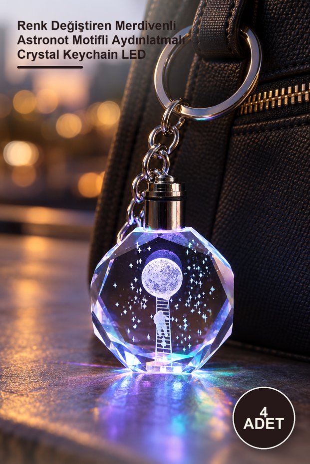 4 Pieces of Lighted Crystal Glass Keychains – Color-Changing Illuminated Crystal Keychain with Ladder-Astronaut Motif Led