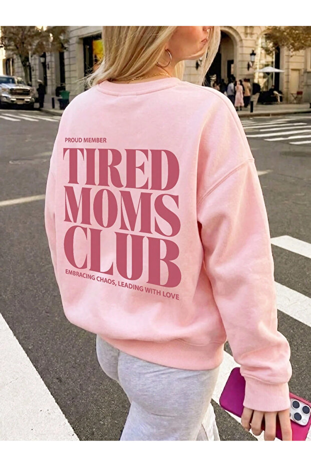 Women's Tired Mom Printed Oversize Crew Neck Sweatshirt