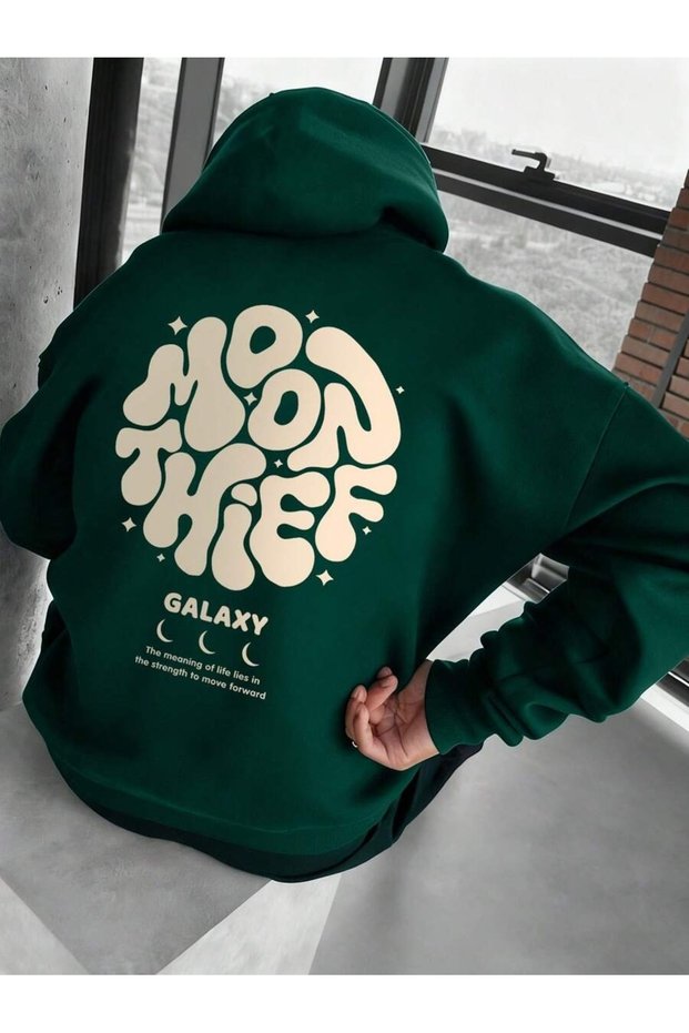 Unisex Neftyeşili Moon Galaxy Back Printed Hooded Sweatshirt Printed Premium Oversize T-Shirt