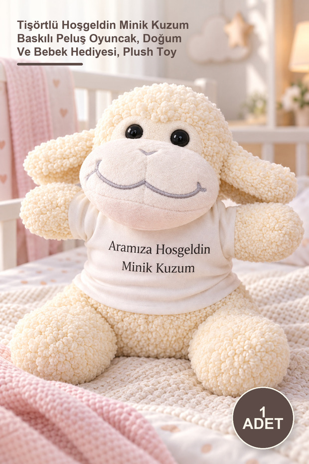 1 Piece Plush Lamb – Plush Toy with T-Shirt Printed with Welcome My Little Lamb, Birth and Baby Gift, Plush Toy
