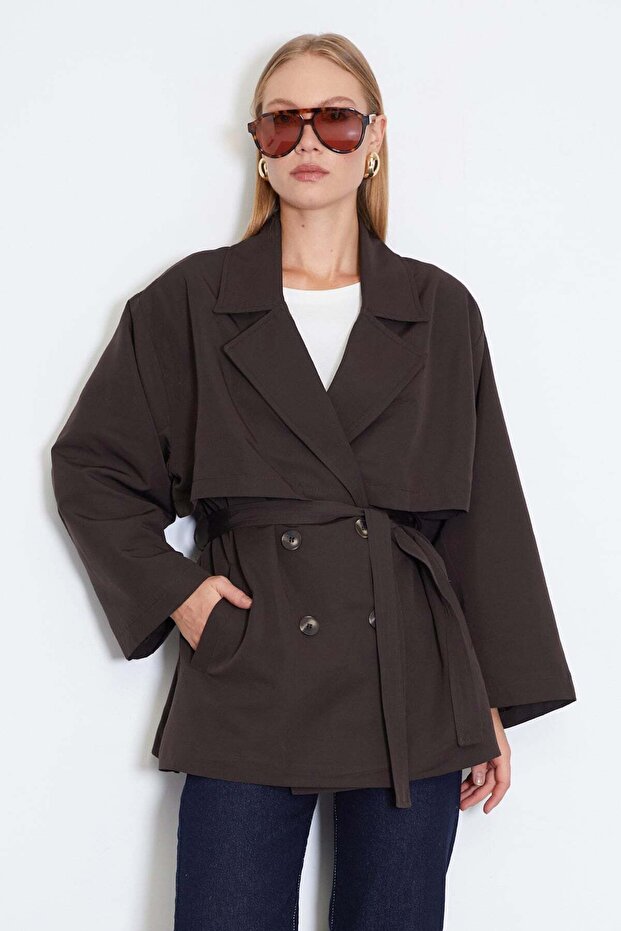 Cape and Belted Wide Sleeve Oversize Trench Coat