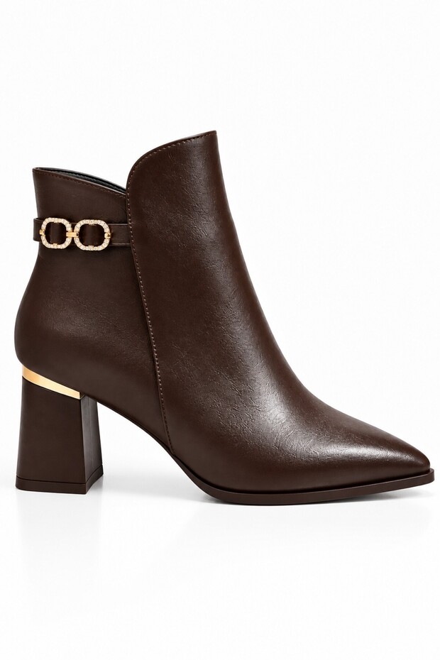 Aurelis Pointed Toe Stone Chain Detailed Zippered Thick Heeled Women's Boots