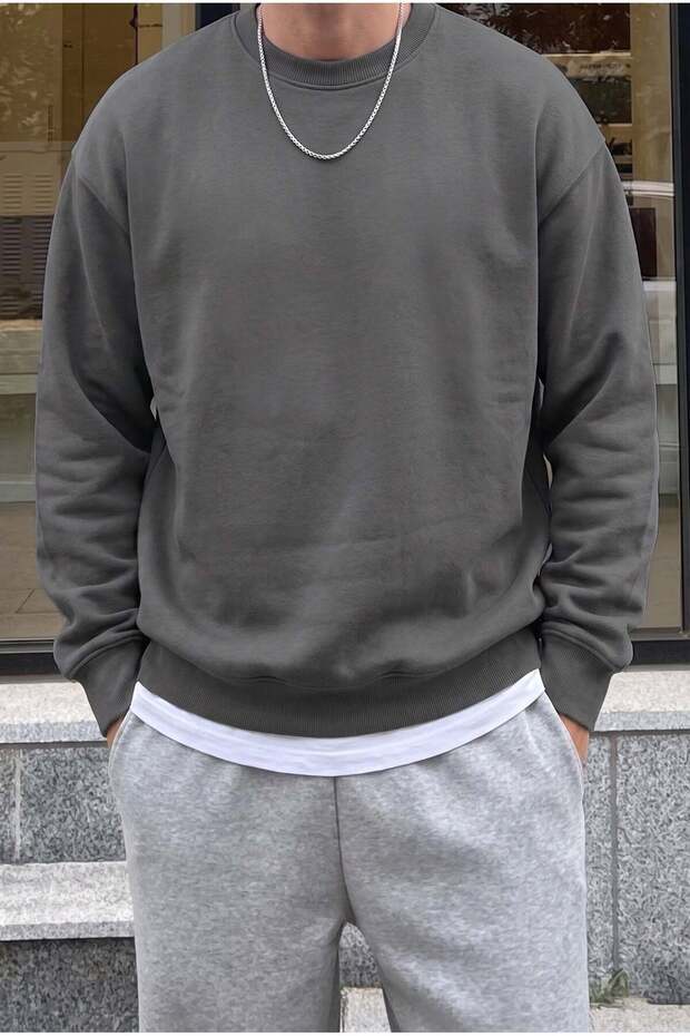 Men's anthracite basic plain oversize sweatshirt with fleece lining