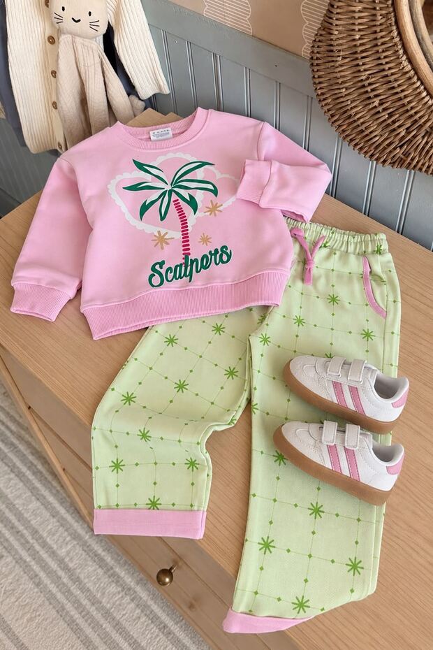 Palm Tree Printed Patterned Wide Leg Girls' 2-Piece Set - Pink