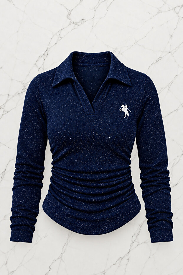 Sim Patterned Polo Neck Long Sleeve Blouse