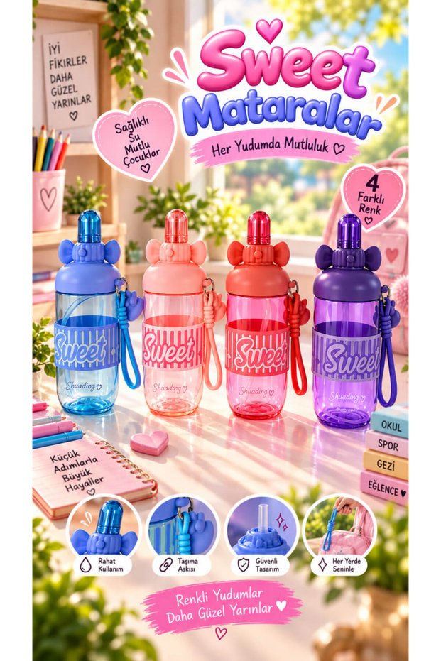 Children's Water Bottle with Bow Detail and Straw, Colorful Water Bottle with Carrying Strap