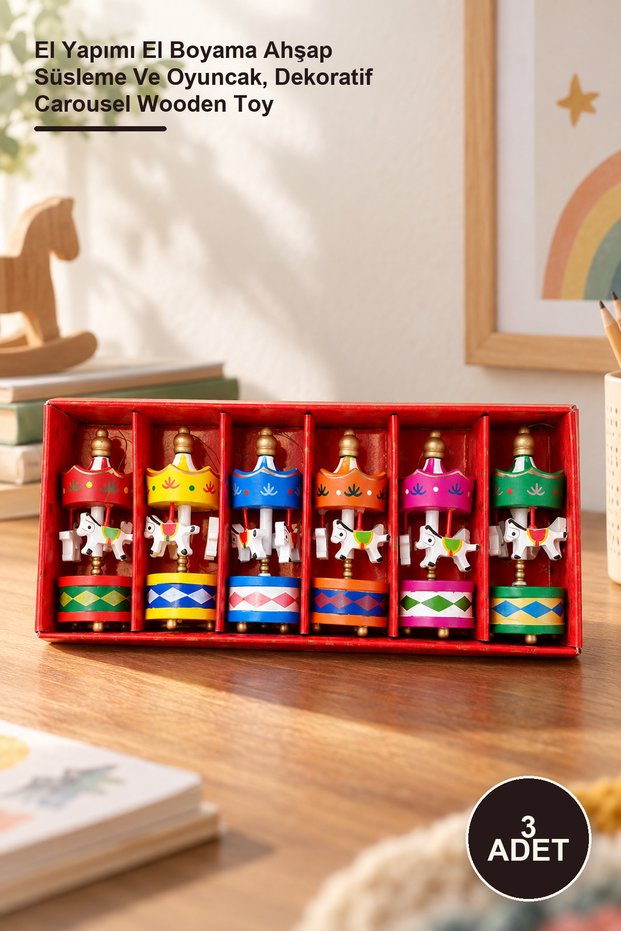 3 Pieces Mini Wooden Carousel – Handmade, Hand-Painted Wooden Ornament and Toy, Decorative Carousel Wooden Toy
