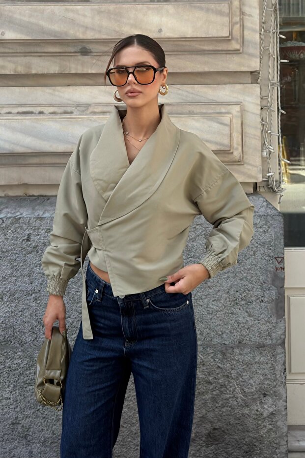 Women's Khaki Double-Breasted Collar Buckle Short Jacket