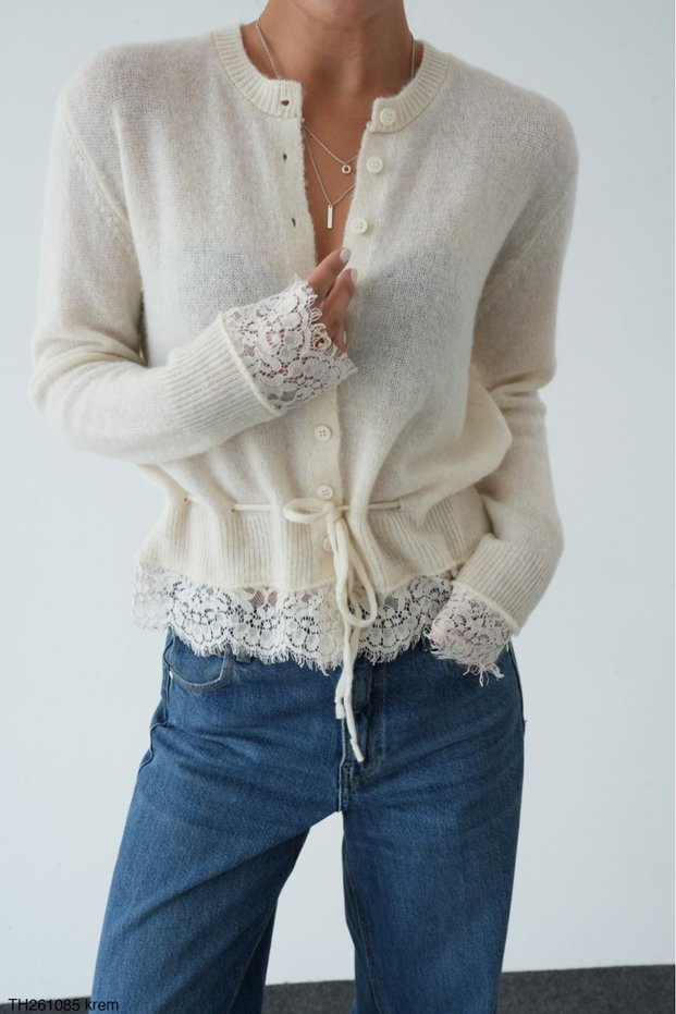 Women's Light Beige Crew Neck Cardigan with Drawstring Waist and Lace Detail