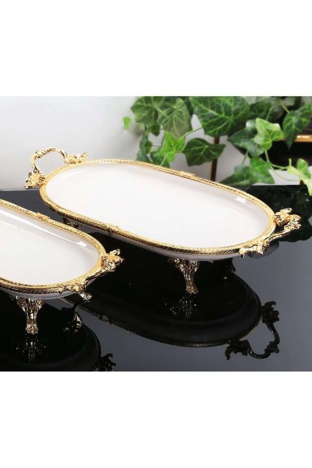 Gold Framed Oval Porcelain Large Serving Plate with Handle 33×21 cm