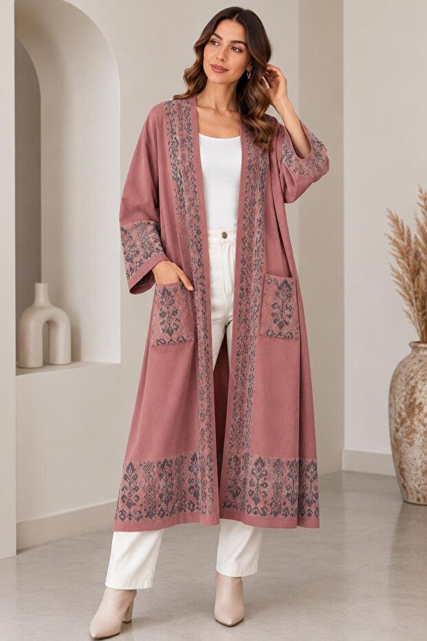 Women's Ethnic Patterned Oversized Long Knitwear Kimono Cardigan