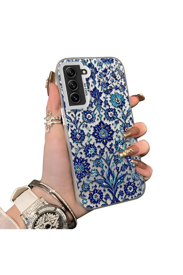Samsung Galaxy S21 Fe Compatible Silicone Edge Hard Back Case Phone Case with Iznik Porcelain Pattern