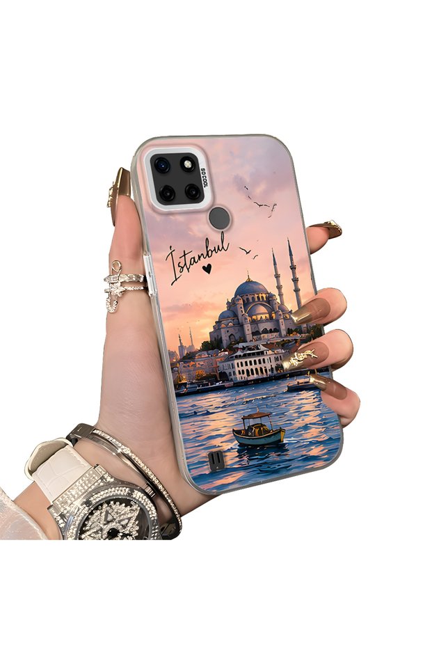 Realme C21Y Compatible Silicone Edge Hard Back Case Istanbul Patterned Couple Phone Case