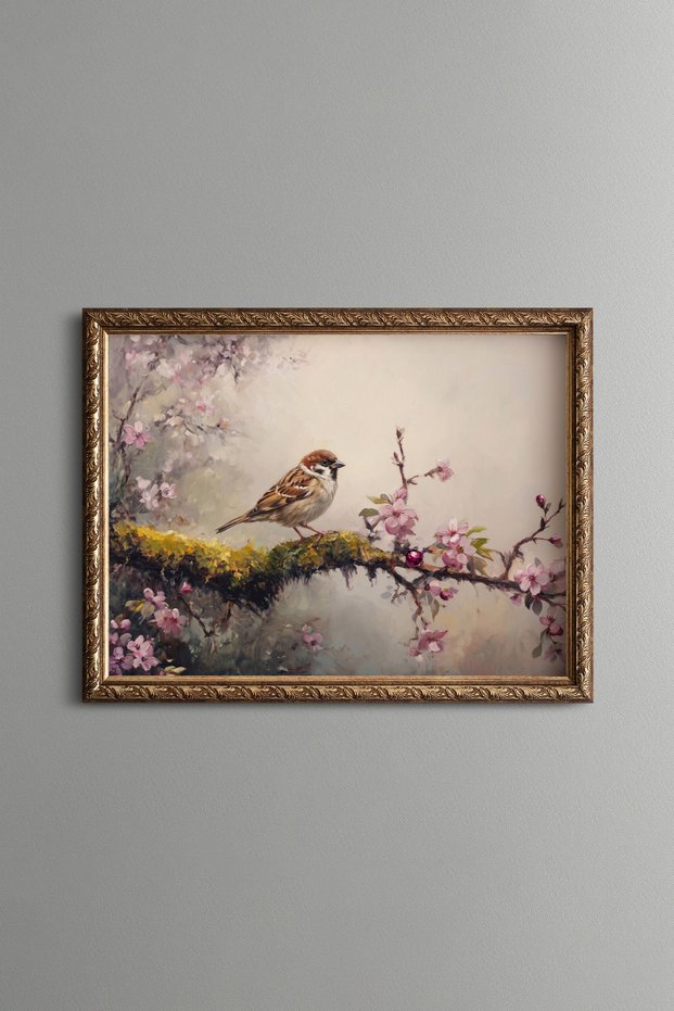 Sparrow on a Mossy Flower Branch - Vintage Patterned Painting - Fine Model