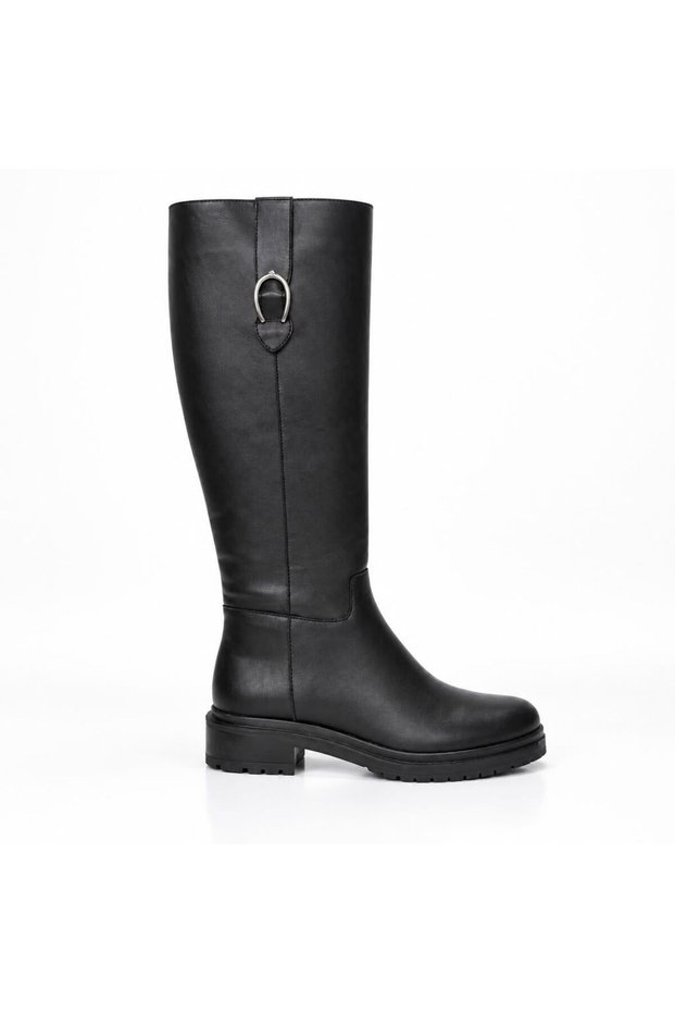 Black Leather Buckle and Rubber Detailed Women's Internal Zipper Boots