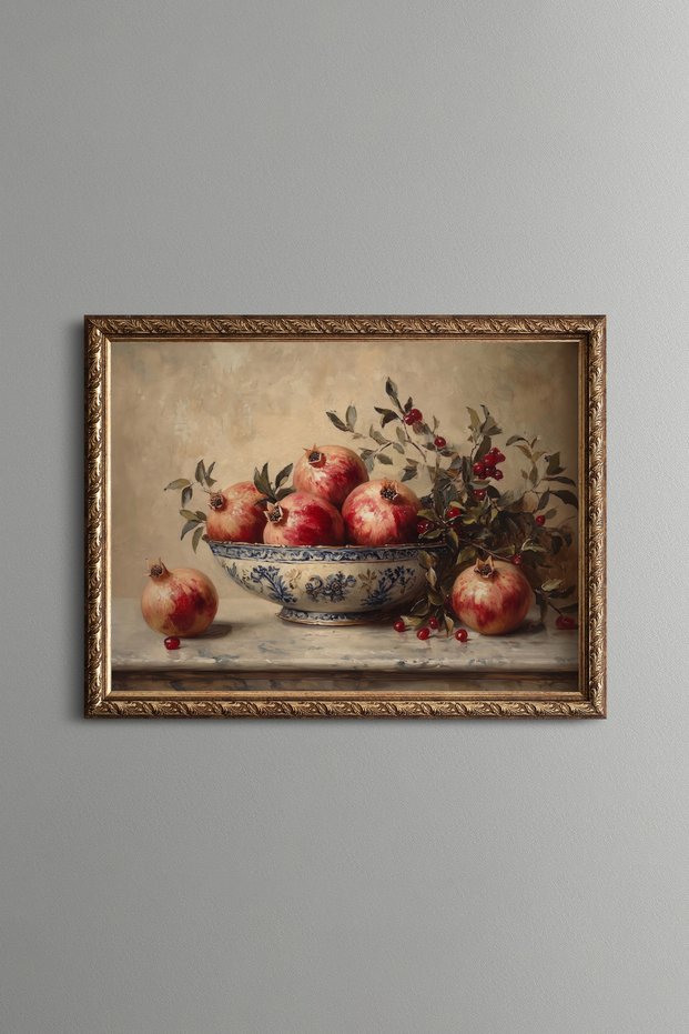 Abundance of Pomegranates in a Chinaware Bowl - Vintage Patterned Painting - Fine Model