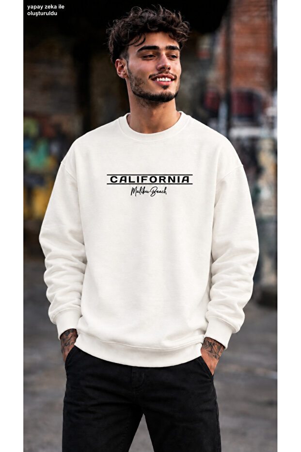 Men's California Malibu Beach Written Minimal Striped Graphic Printed Crew Neck Casual Regular Fit Sweatshirt