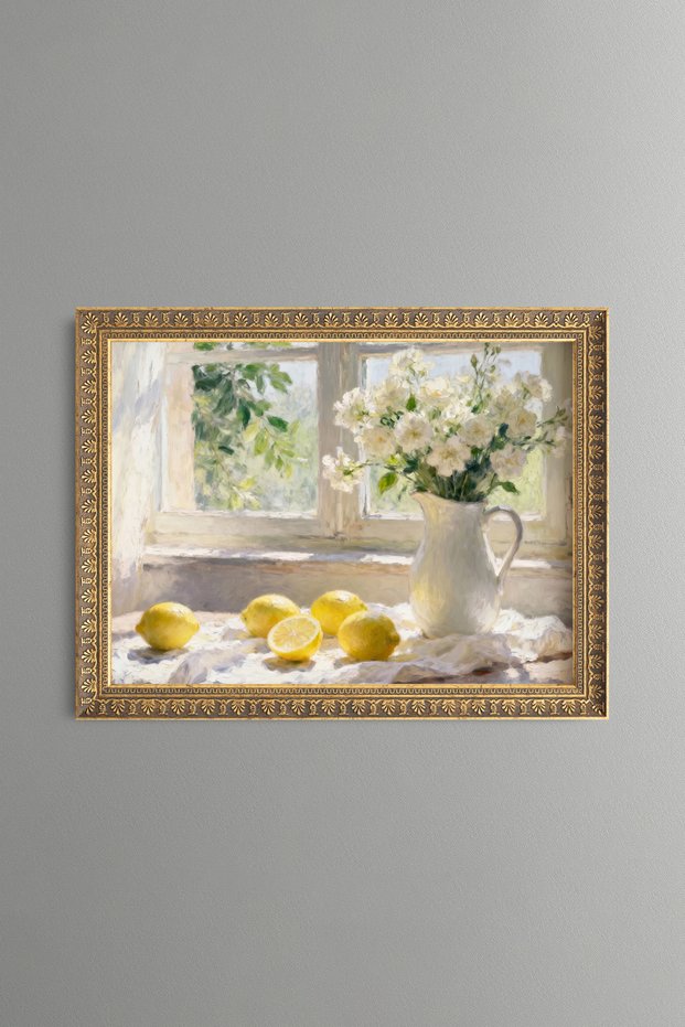 Lemons and White Flowers in Front of the Window - Vintage Patterned Painting - Fine Model