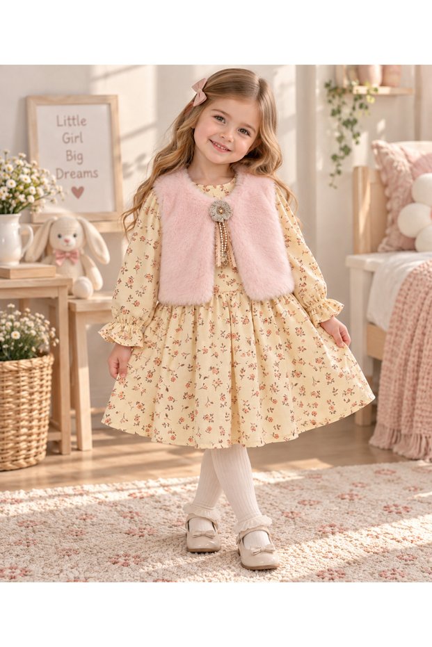 Plush Vest Muslin Floral Patterned Girl's Dress Age 2 - 5 Years