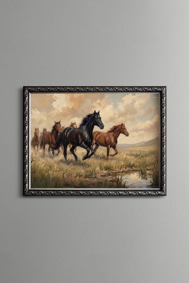 Horses Running on the Field - Vintage Patterned Painting - Fine Model