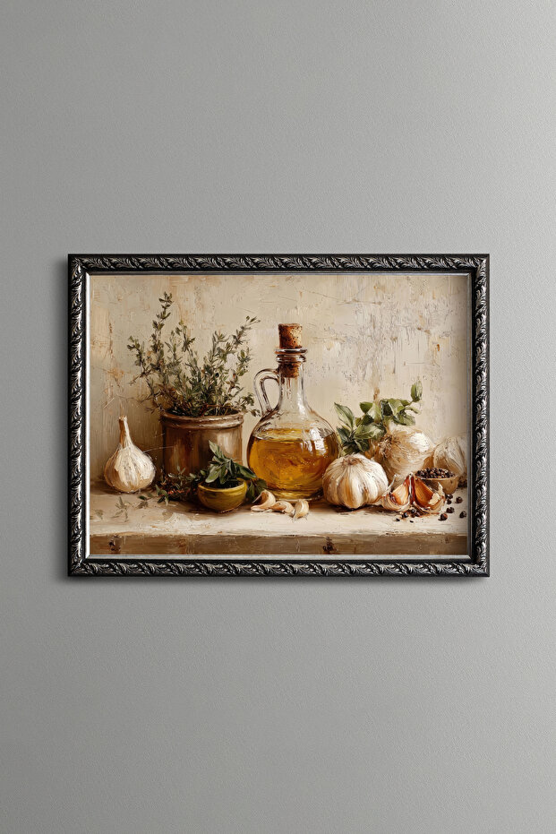Olive Oil and Garlic Still Life - Vintage Patterned Painting - Fine Model
