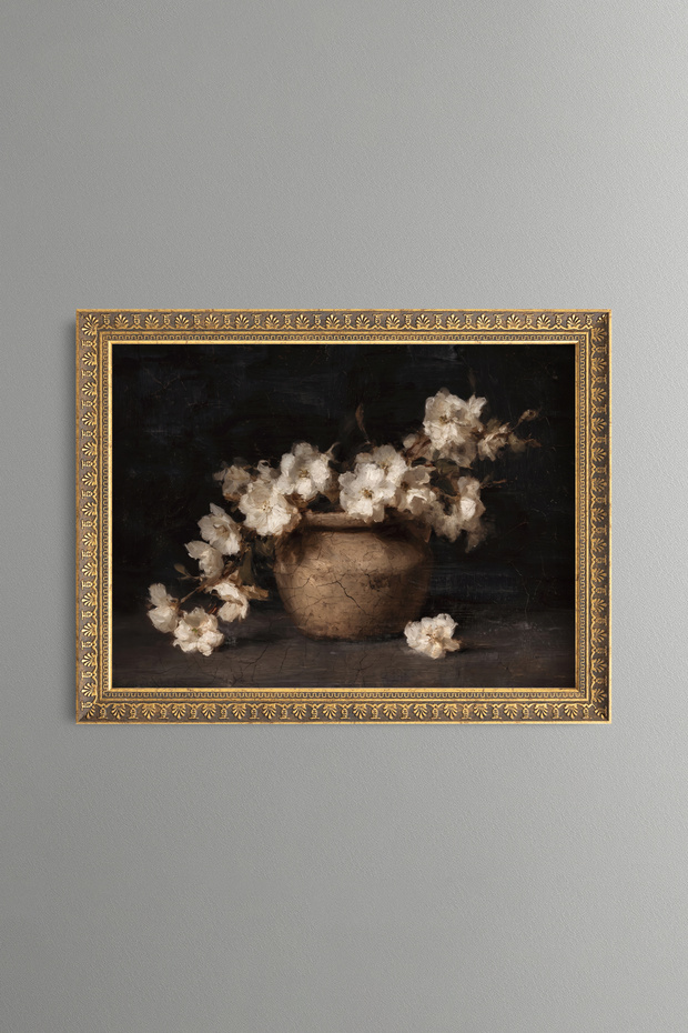 White Flowers in a Clay Vase - Vintage Patterned Painting - Fine Model