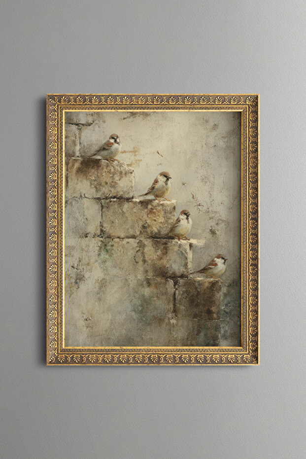 Sparrows on the Stone Wall - Vintage Patterned Painting - Fine Model