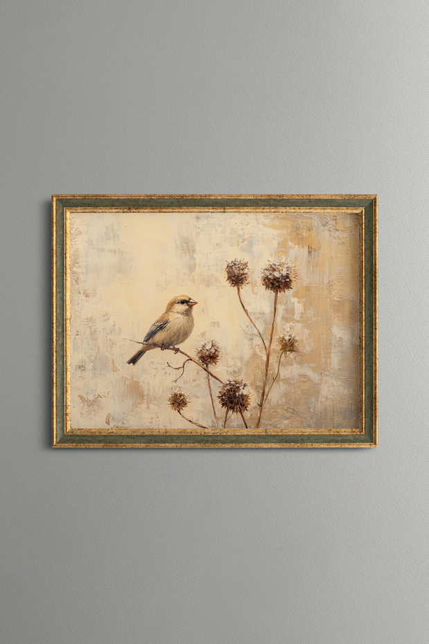 Little Bird on a Dry Flower Branch - Vintage Patterned Painting - Fine Model