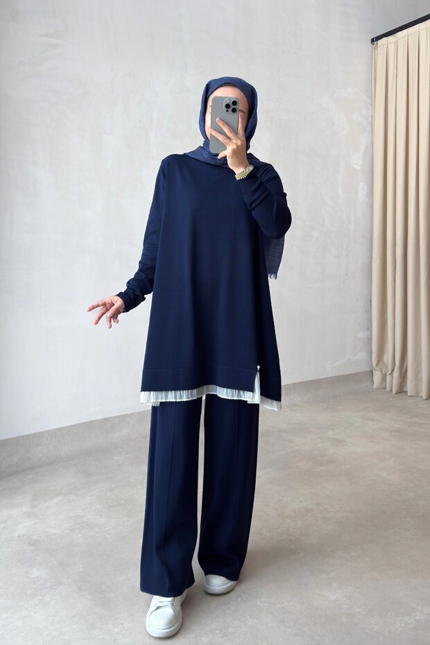 Skirt with Tulle Detail Mercerized Set - Navy Blue
