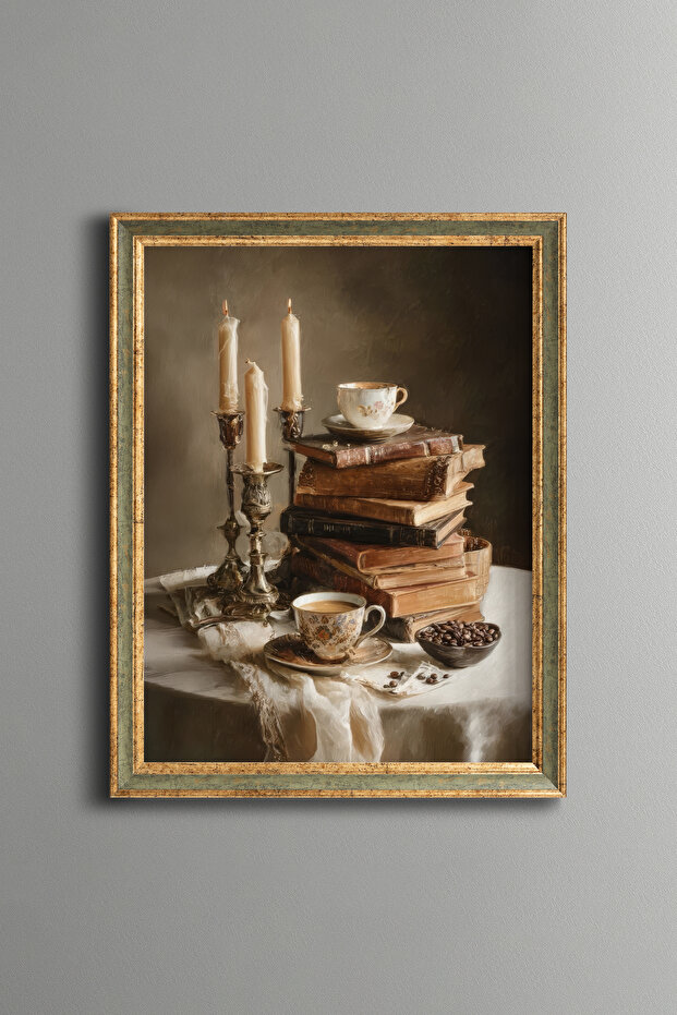 Book and Coffee by Candlelight - Vintage Patterned Painting - Fine Model