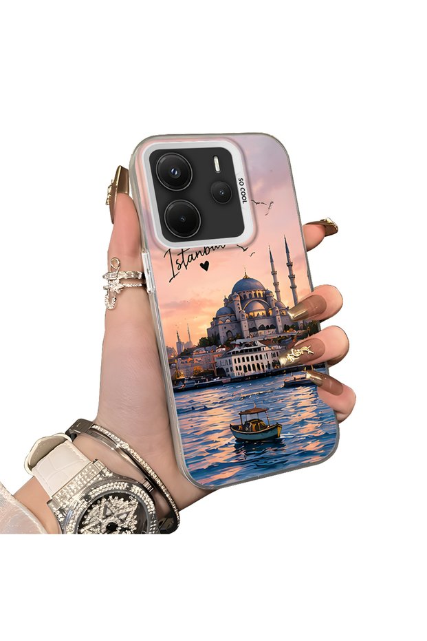 Redmi Note 14 Compatible Silicone Edge Hard Back Case Istanbul Patterned Couple Phone Case