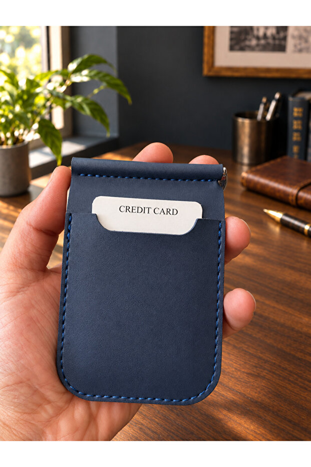 Navy Blue Genuine Vegan Leather Money Clip Wallet – Compact Card Holder and Cash Compartment